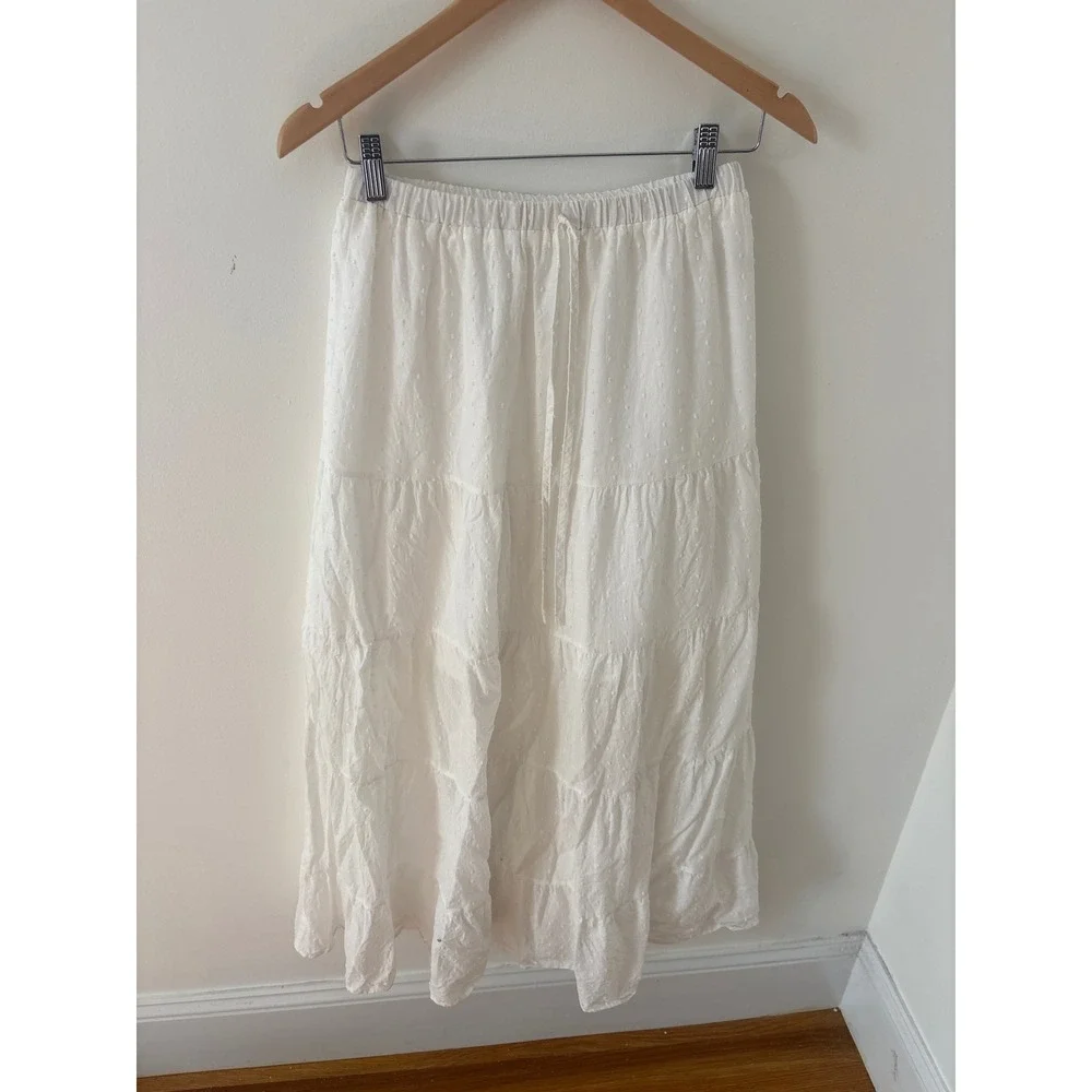 White Swiss Dot Tiered Midi Skirt Boho Elastic Waist Flowy Peasant Skirt